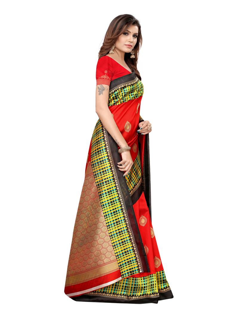 Red Printed Silk Blend Saree With Unstitched Blouse Piece