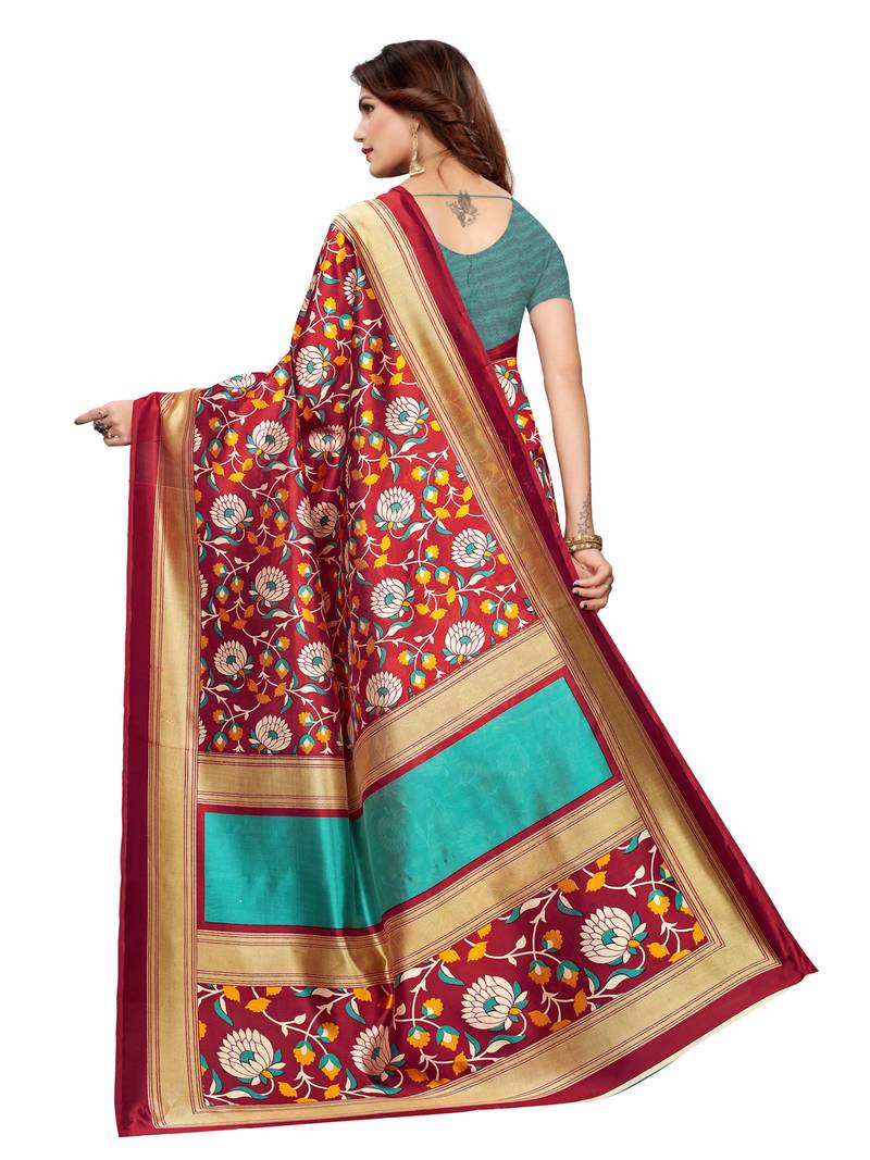 Maroon Printed Silk Blend Sarees With Unstitched Blouse Piece