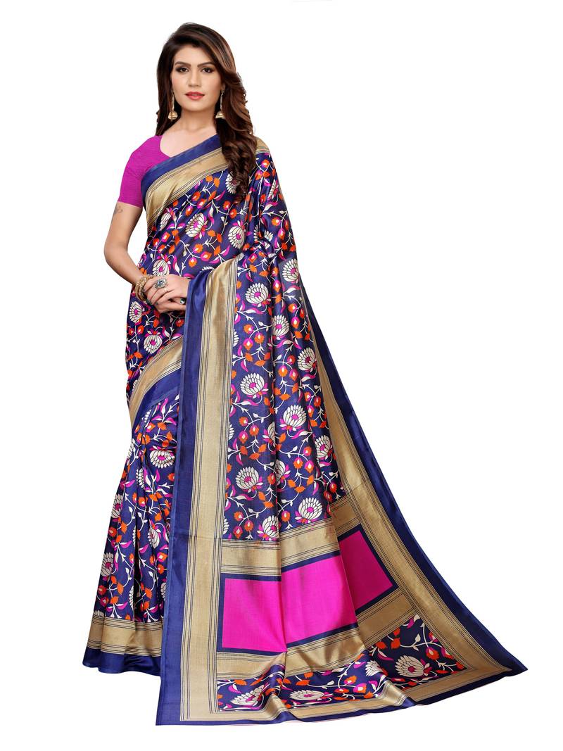 Navy Blue Printed Silk Blend Saree With Unstitched Blouse Piece