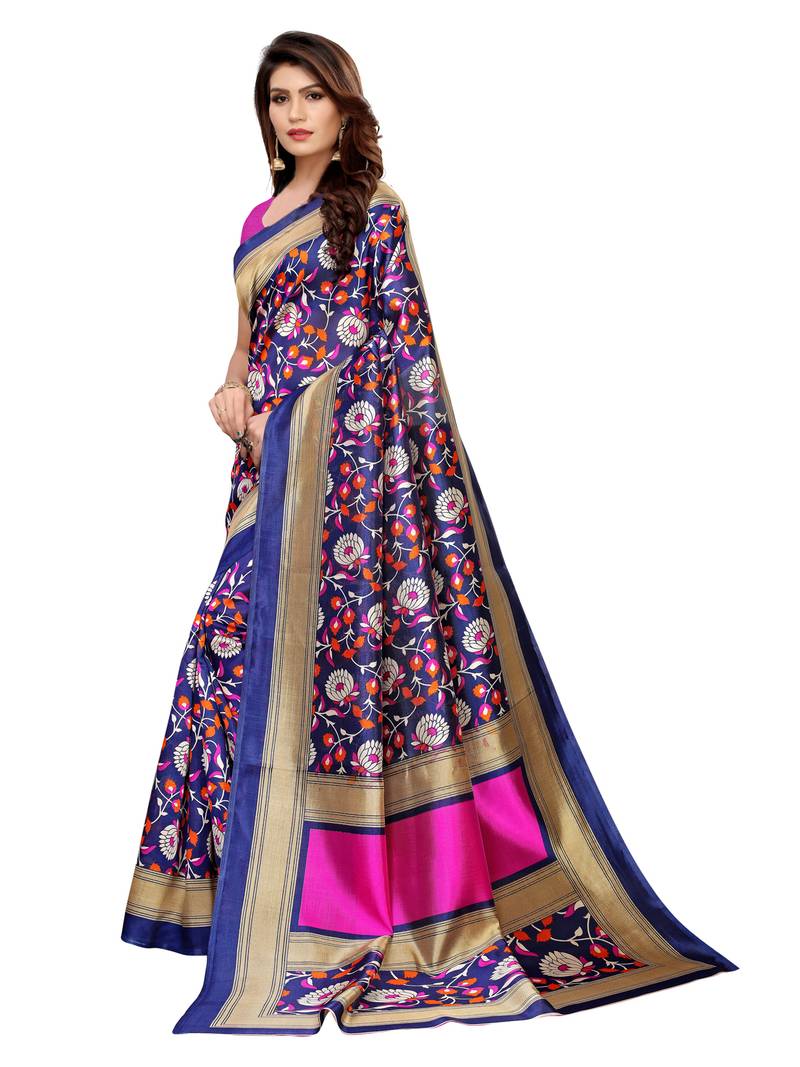 Blue Floral Printed Silk Blend Saree With Unstitched Blouse Piece