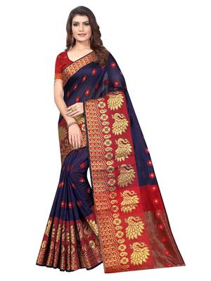 Navy Blue Woven Banarasi Sarees with Unstitched Blouse 1