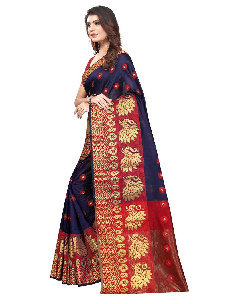 Navy Blue Woven Banarasi Sarees with Unstitched Blouse
