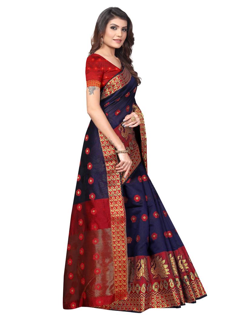 Navy Blue Woven Banarasi Sarees with Unstitched Blouse