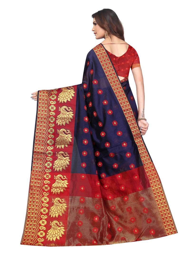 Navy Blue Woven Banarasi Sarees with Unstitched Blouse