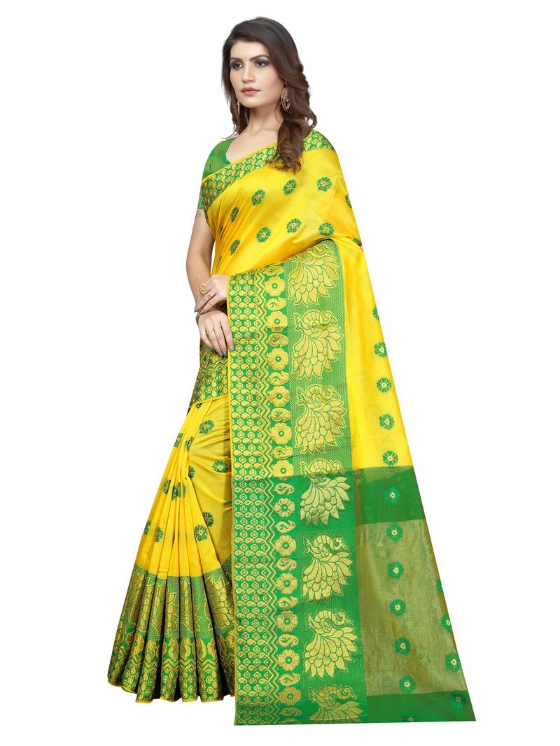 Yellow Woven Banarasi Sarees with Unstitched Blouse