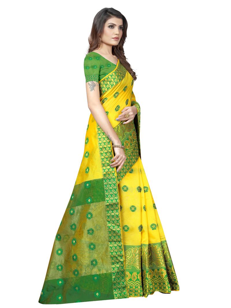 Yellow Woven Banarasi Sarees with Unstitched Blouse