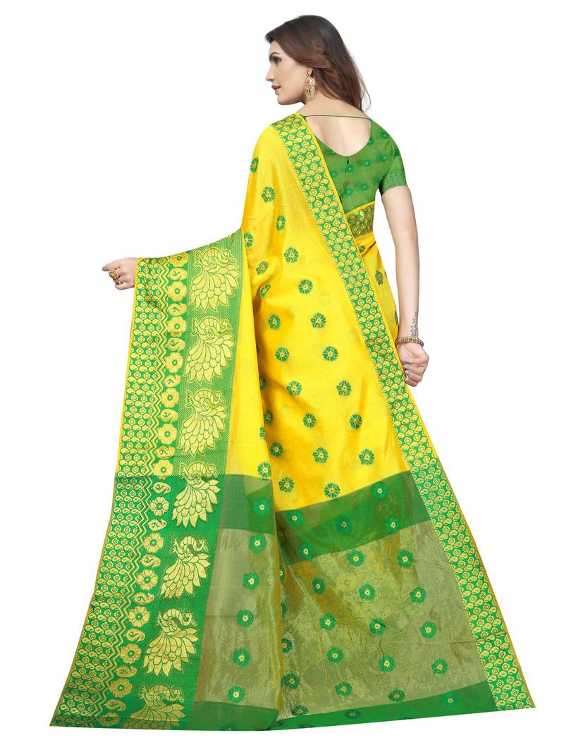 Yellow Woven Banarasi Sarees with Unstitched Blouse