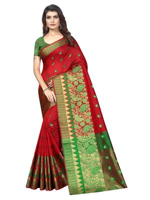 Red Woven Banarasi Sarees With Unstitched Blouse 1