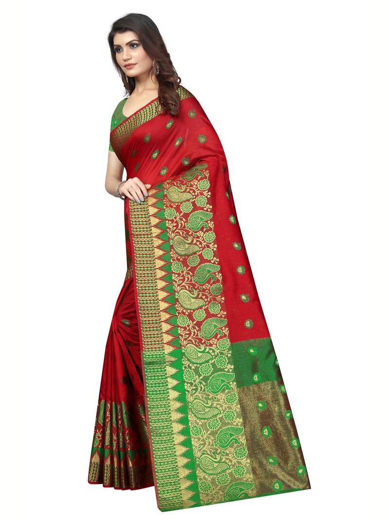 Red Woven Banarasi Sarees With Unstitched Blouse