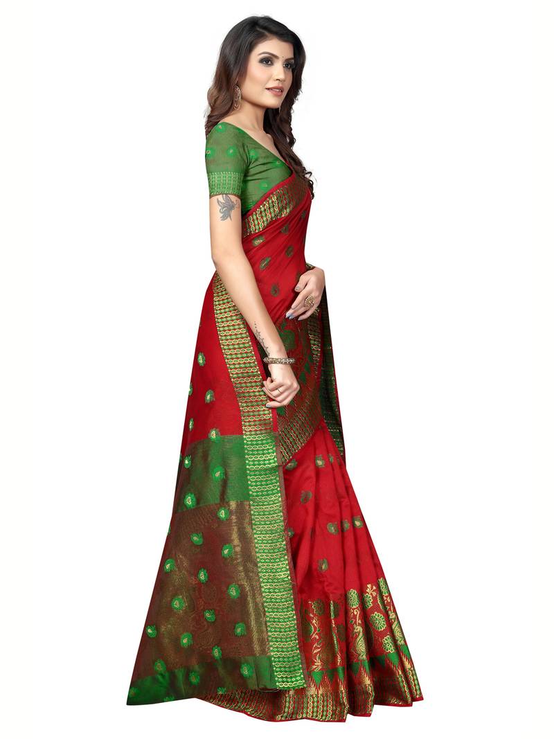 Red Woven Banarasi Sarees With Unstitched Blouse