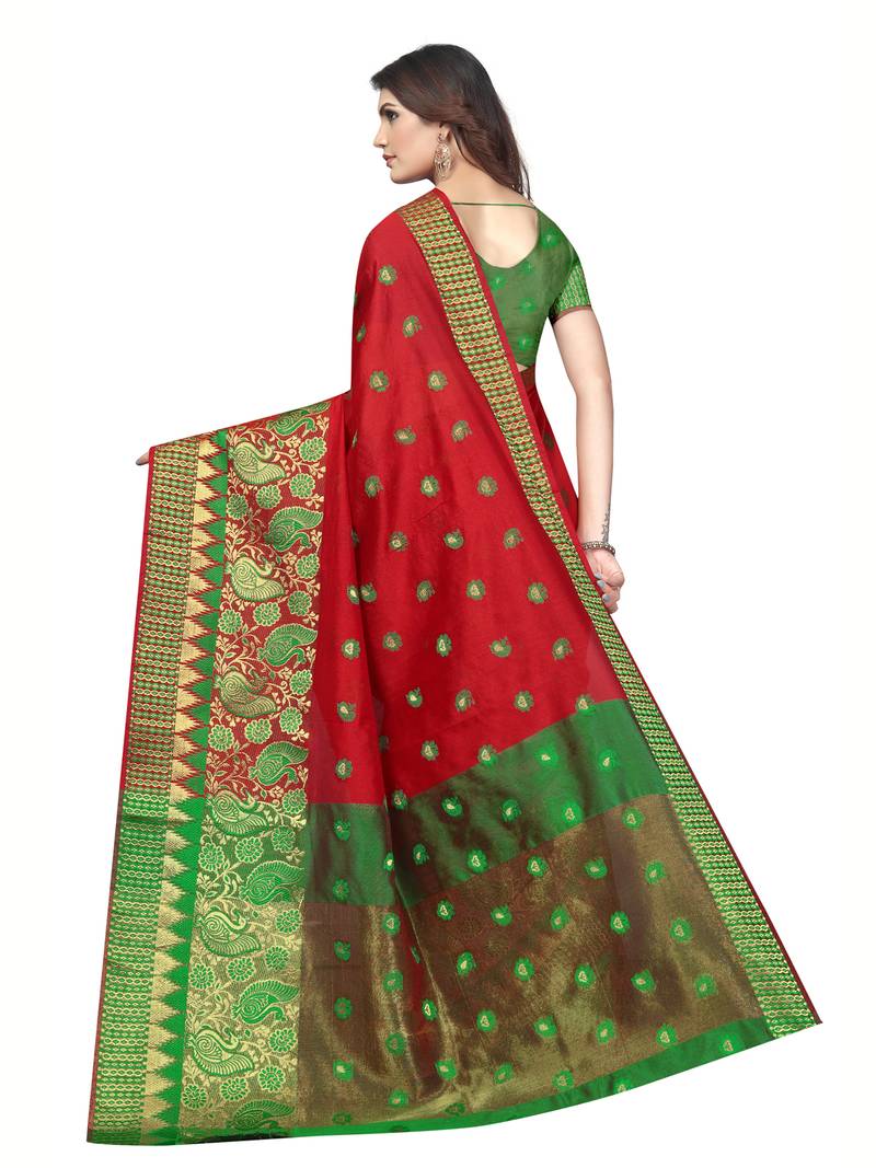 Red Woven Banarasi Sarees With Unstitched Blouse