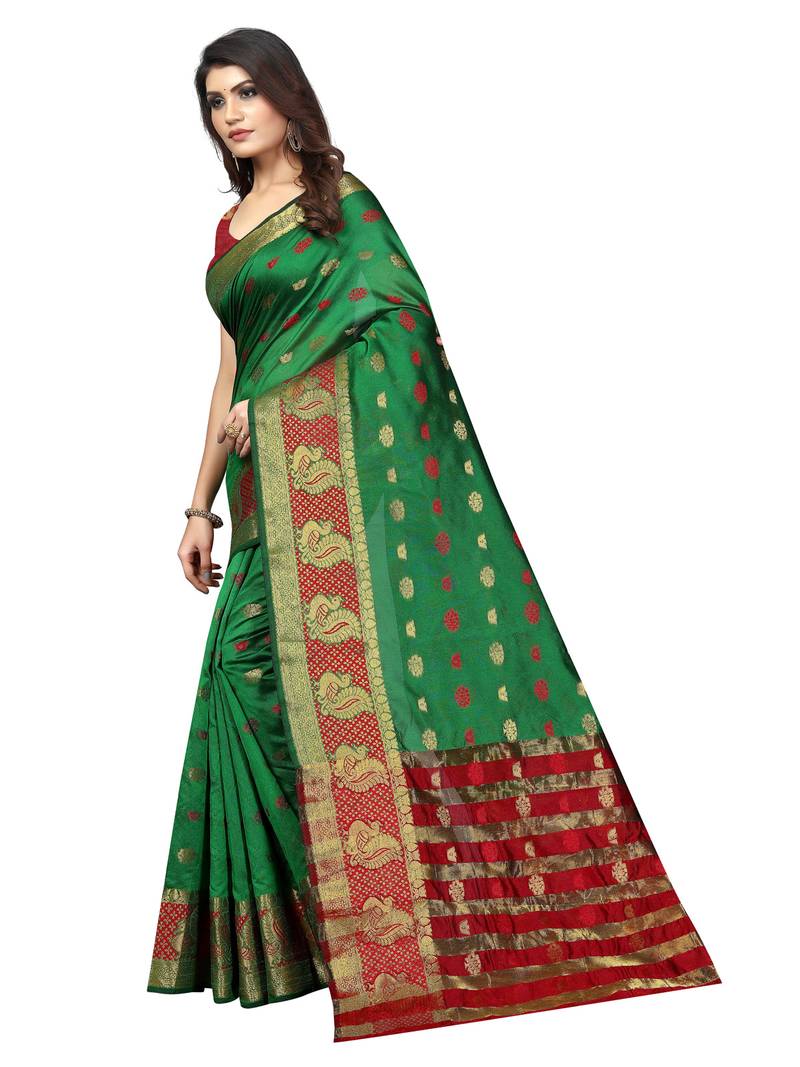 Green Woven Banarasi Sarees With Unstitched Blouse