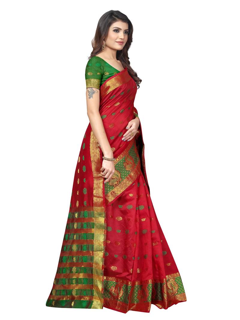 Maroon Woven Banarasi Sarees With Unstitched Blouse