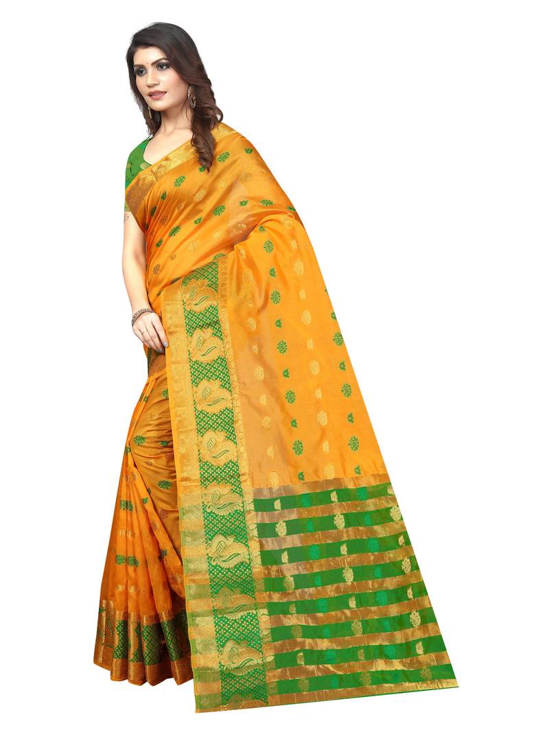 Yellow Woven Banarasi Sarees With Unstitched Blouse