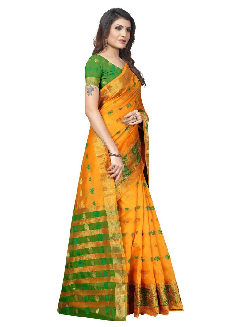 Yellow Woven Banarasi Sarees With Unstitched Blouse