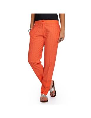 Orange Cotton Slim Fit Embroidered Cigarette Trousers For Women's 1