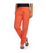 Orange Cotton Slim Fit Embroidered Cigarette Trousers For Women's
