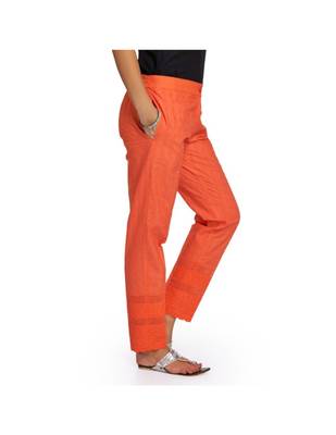 Orange Cotton Slim Fit Embroidered Cigarette Trousers For Women's 2