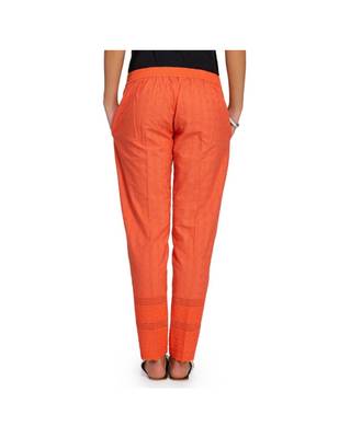 Orange Cotton Slim Fit Embroidered Cigarette Trousers For Women's 3
