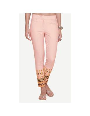 Pink Cotton Slim Fit Embroidered Cigarette Trousers For Women's 1