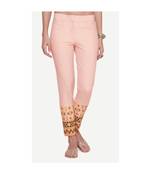 Pink Cotton Slim Fit Embroidered Cigarette Trousers For Women's
