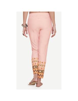 Pink Cotton Slim Fit Embroidered Cigarette Trousers For Women's 3