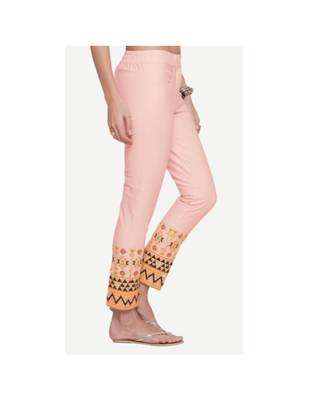 Pink Cotton Slim Fit Embroidered Cigarette Trousers For Women's 4