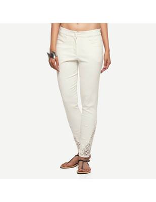 White Cotton Slim Fit Embroidered Cigarette Trousers For Women's 1