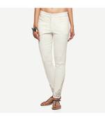 White Cotton Slim Fit Embroidered Cigarette Trousers For Women's