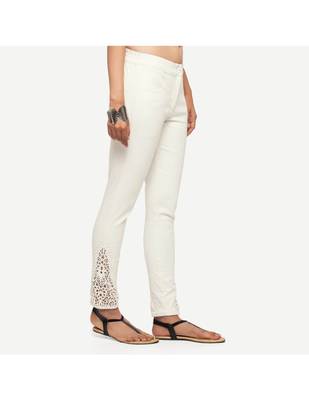 White Cotton Slim Fit Embroidered Cigarette Trousers For Women's 3