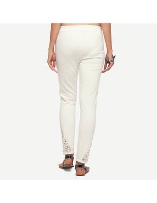White Cotton Slim Fit Embroidered Cigarette Trousers For Women's 4