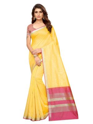 Yellow Woven Maheshwari Sarees With Unstitched Blouse 1
