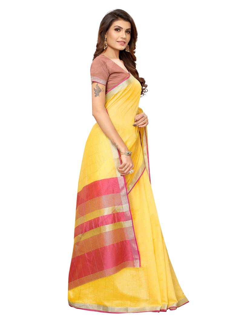 Yellow Woven Maheshwari Sarees With Unstitched Blouse
