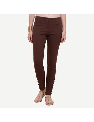 Brown Cotton Slim Fit Embroidered Cigarette Trousers For Women's 1