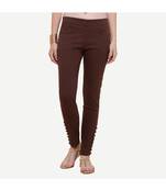 Brown Cotton Slim Fit Embroidered Cigarette Trousers For Women's