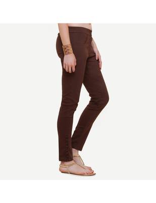 Brown Cotton Slim Fit Embroidered Cigarette Trousers For Women's 2