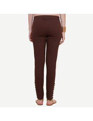 Brown Cotton Slim Fit Embroidered Cigarette Trousers For Women's 3