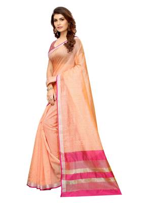 Peach Woven Maheshwari Sarees With Unstitched Blouse 2