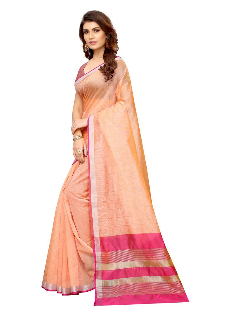 Peach Woven Maheshwari Sarees With Unstitched Blouse