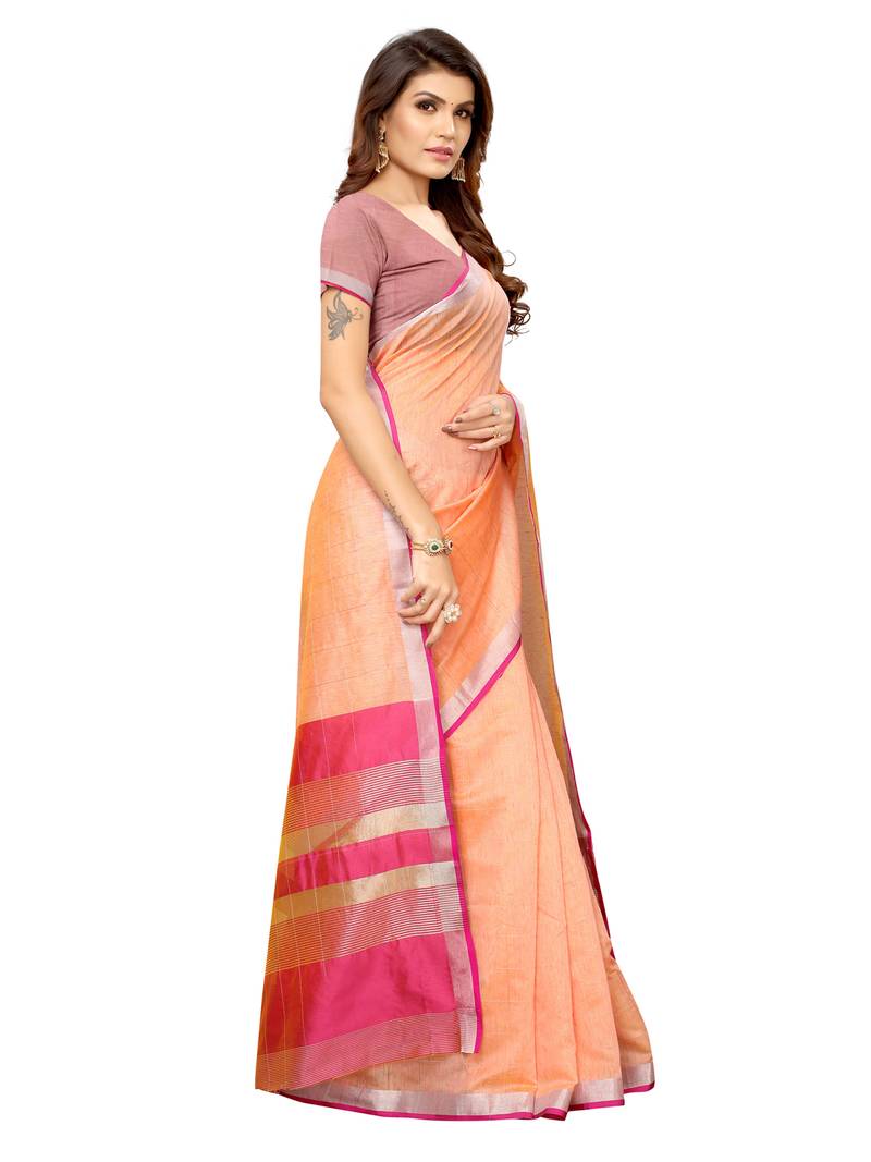 Peach Woven Maheshwari Sarees With Unstitched Blouse