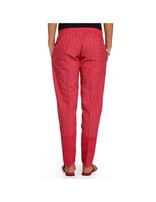 Pink Cotton Slim Fit Embroidered Cigarette Trousers For Women's 2