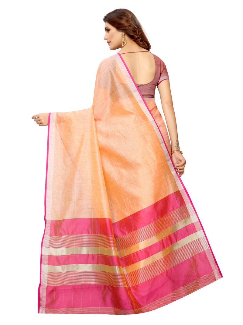 Peach Woven Maheshwari Sarees With Unstitched Blouse
