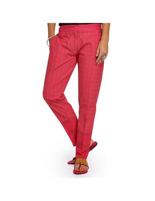Pink Cotton Slim Fit Embroidered Cigarette Trousers For Women's 1