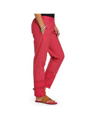 Pink Cotton Slim Fit Embroidered Cigarette Trousers For Women's 3