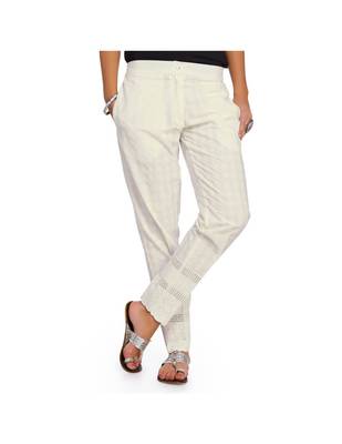 White Cotton Slim Fit Embroidered Cigarette Trousers For Women's 1