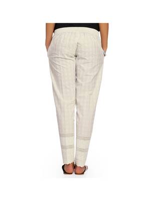White Cotton Slim Fit Embroidered Cigarette Trousers For Women's 2