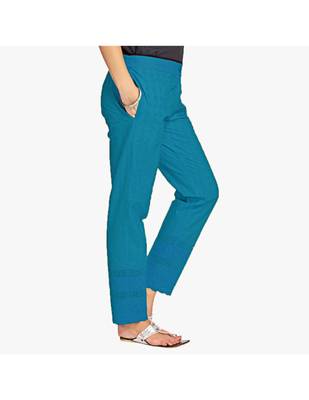 Teal Cotton Slim Fit Embroidered Cigarette Trousers For Women's 2