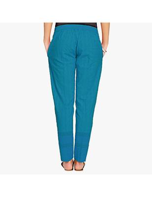Teal Cotton Slim Fit Embroidered Cigarette Trousers For Women's 3