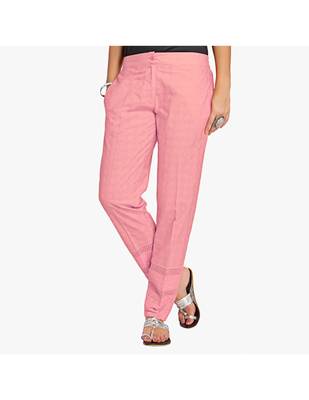 Peach Cotton Slim Fit Embroidered Cigarette Trousers For Women's 1