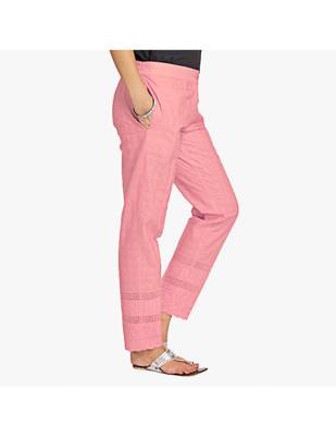 Peach Cotton Slim Fit Embroidered Cigarette Trousers For Women's 2